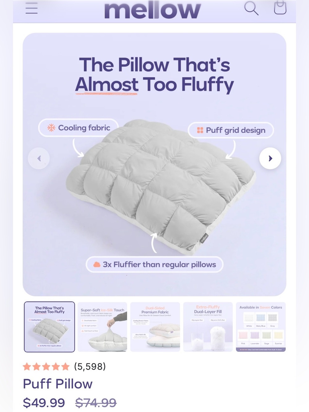Mellow Puff Pillow - Plush Cooling Puff Grid Pillow in Light Gray